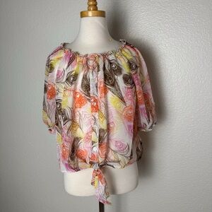 GIRLS Sz 14 Cream fall color blouse w/ front waist tie elastic collar 3/4 sleeve